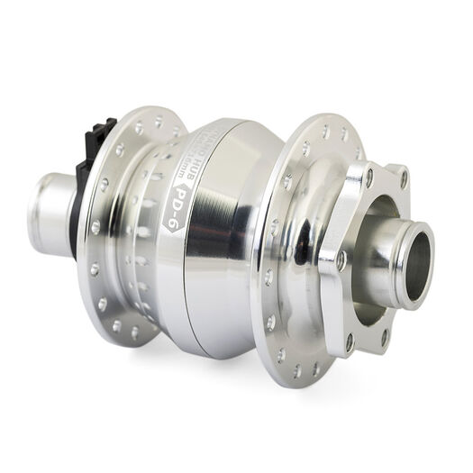 SP PD-6 Power Dynamo Hub Front - 6V-3W - 15x100mm Thru-Axle type. 6-Bolt Disc Mount. For 26"/700c wheels Silver 32H click to zoom image